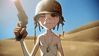 a cartoon character holding a gun in the desert