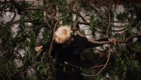 a woman with blonde hair standing in front of a tree