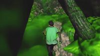 a man in a green shirt walking through a forest