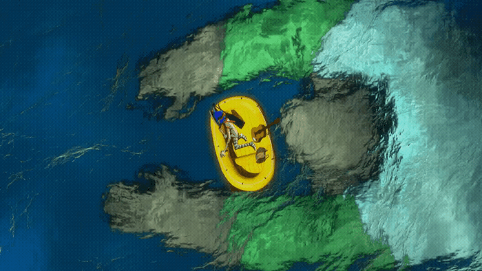 a yellow boat floating on top of a body of water