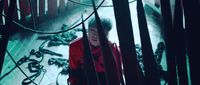 a man in a red jacket walking through a forest