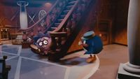 an animated scene of a staircase and a cartoon character