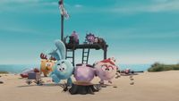 a group of cartoon characters standing on top of a sandy beach