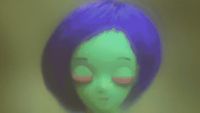 a creepy doll with blue hair and red eyes