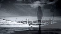 a woman walking across a bridge over a river