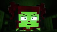 a green and red minecraft creeper in a dark room