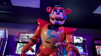 a cartoon character is standing in front of some slot machines