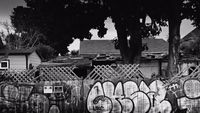 a black and white photo of a fence covered in graffiti