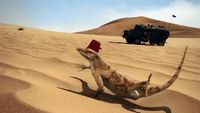 a lizard in a red hat running across a desert