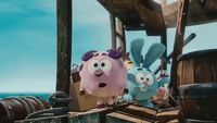 a group of cartoon characters standing on top of a wooden structure