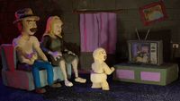 a group of cartoon figures sitting in front of a tv