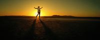 a person standing in the middle of a field at sunset