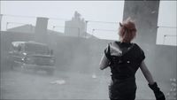 a woman with red hair walking in the rain