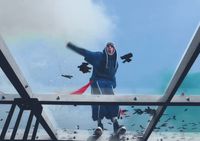 a man in a blue jacket is standing on a bridge