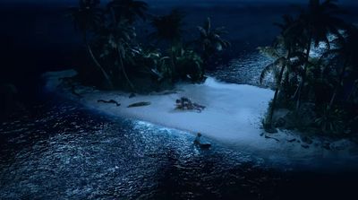 a group of people sitting on a small island in the middle of the ocean