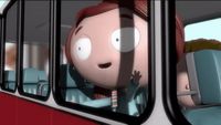 a cartoon character sitting in a bus looking out the window