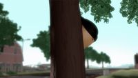 a cartoon character is peeking out from behind a tree