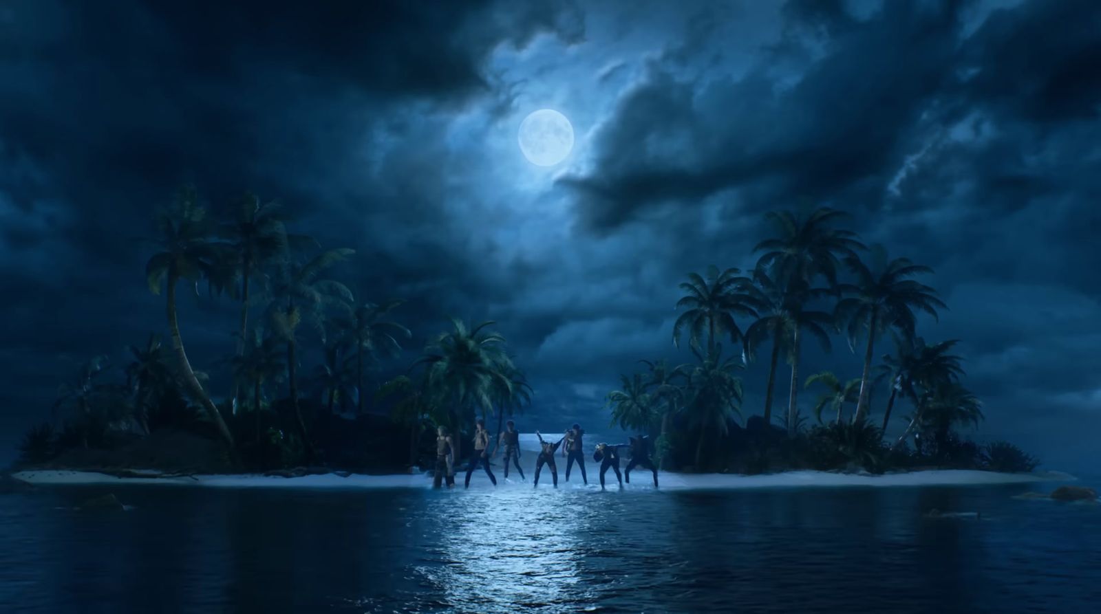 a group of people standing on a beach under a full moon