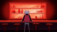 a cartoon character standing in front of a bar