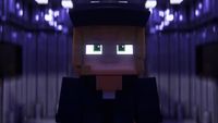 a minecraft character with glowing green eyes