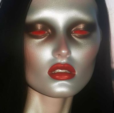 a close up of a mannequin's face with red eyes