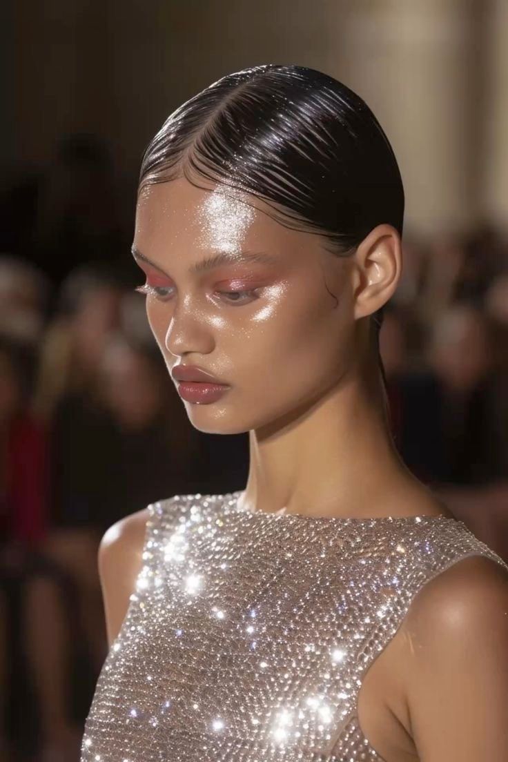 a model wearing a silver dress with lots of sparkle on her face