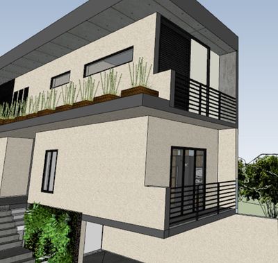 a drawing of a two story house with a balcony