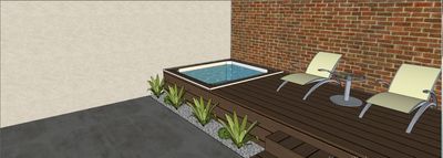 a rendering of a patio with a hot tub and chairs