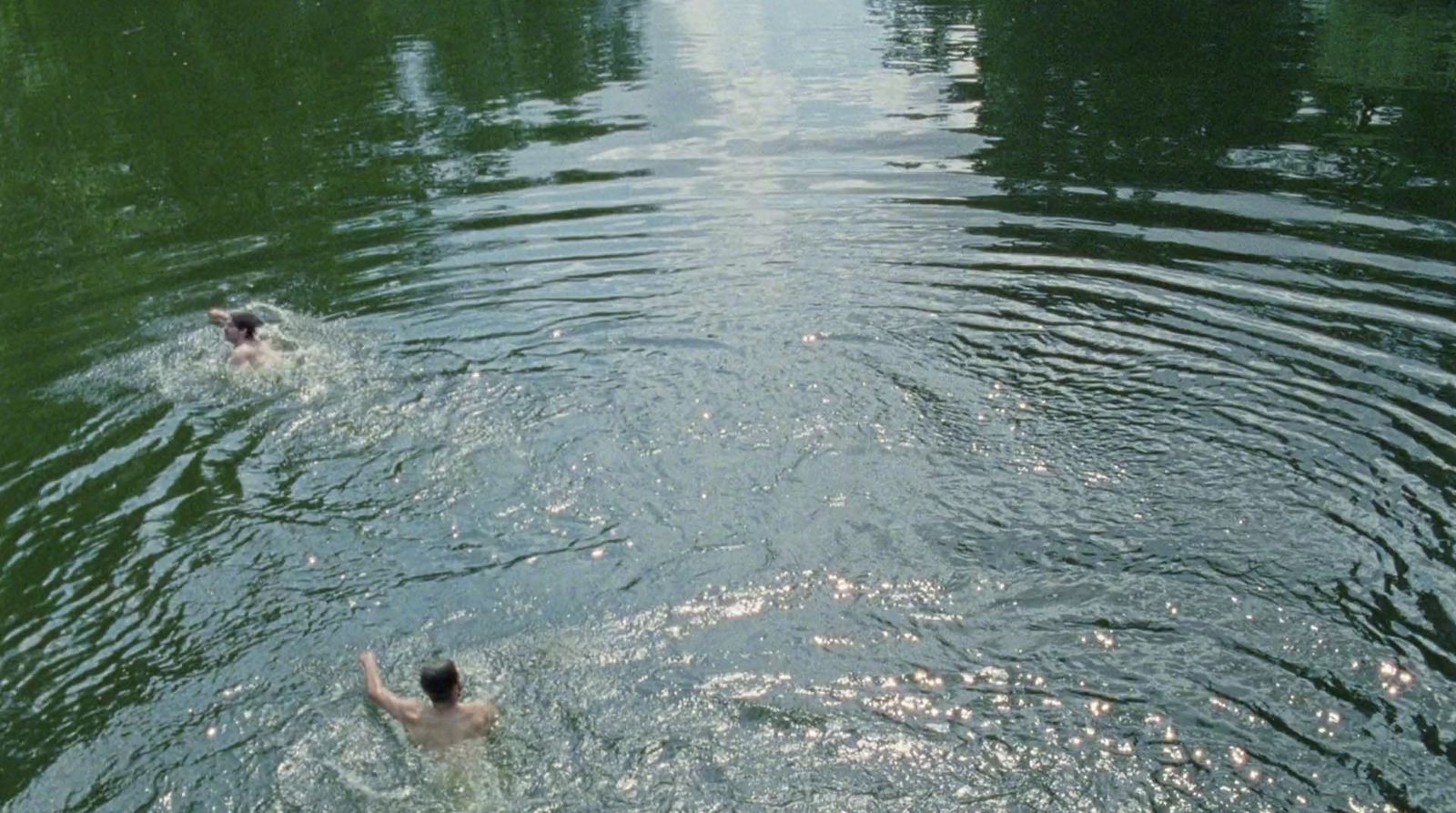 two people swimming in a lake with trees in the background