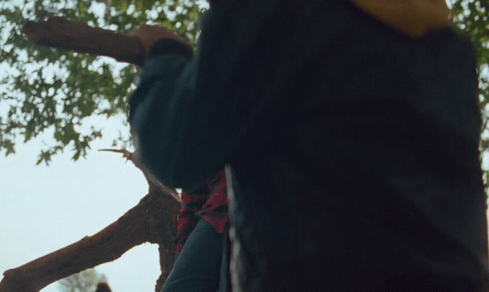 a man standing next to a tree holding a cell phone