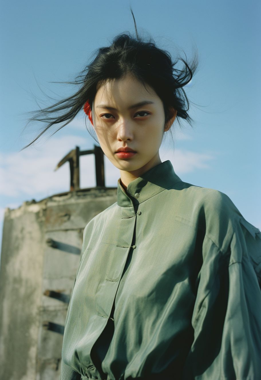 a woman with long hair standing in front of a building