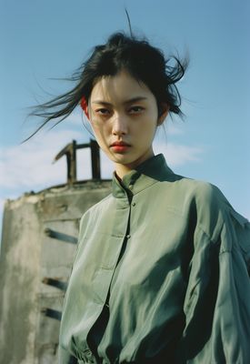 a woman with long hair standing in front of a building