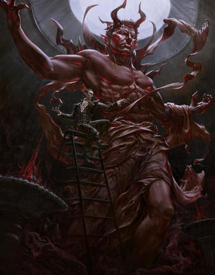 a painting of a demon standing on a ladder