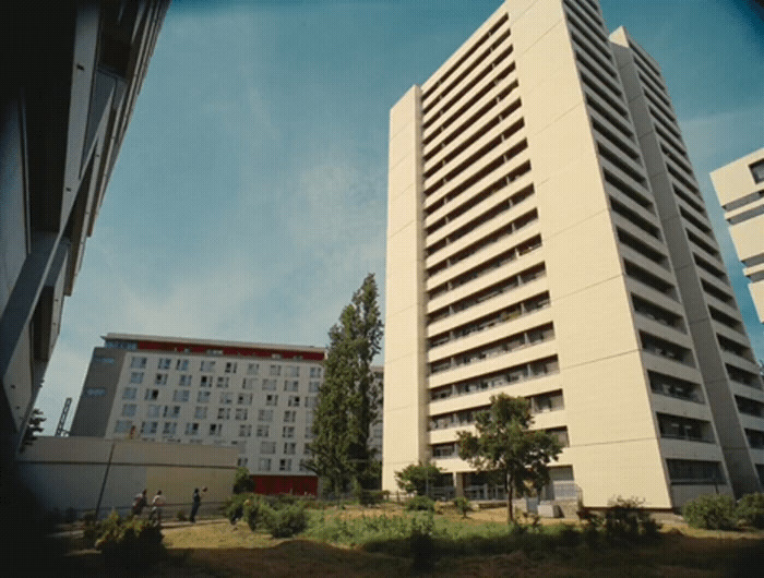 a view of a tall building in the middle of a grassy area