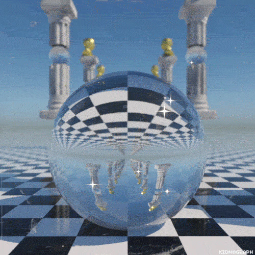 a picture of a blue and white ball on a black and white checkered floor