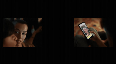 two pictures of a woman holding a cell phone