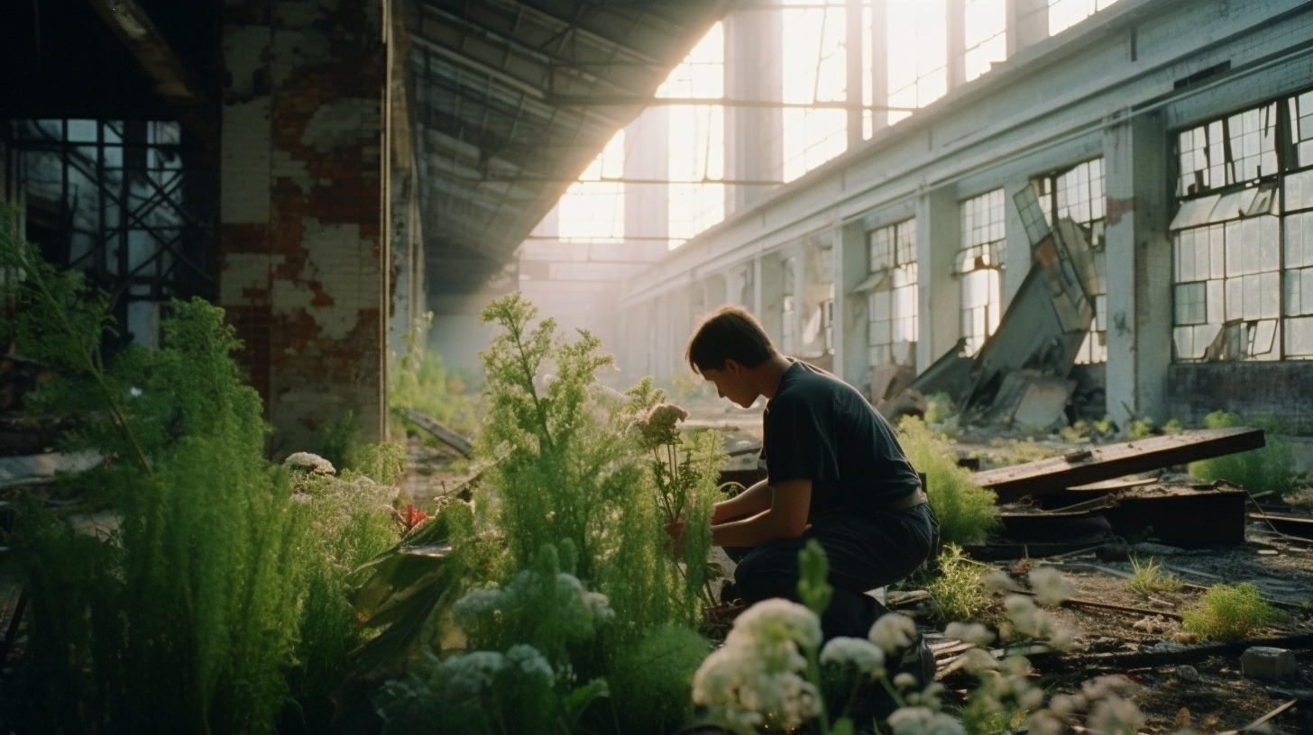 a man working in a greenhouse with lots of plants