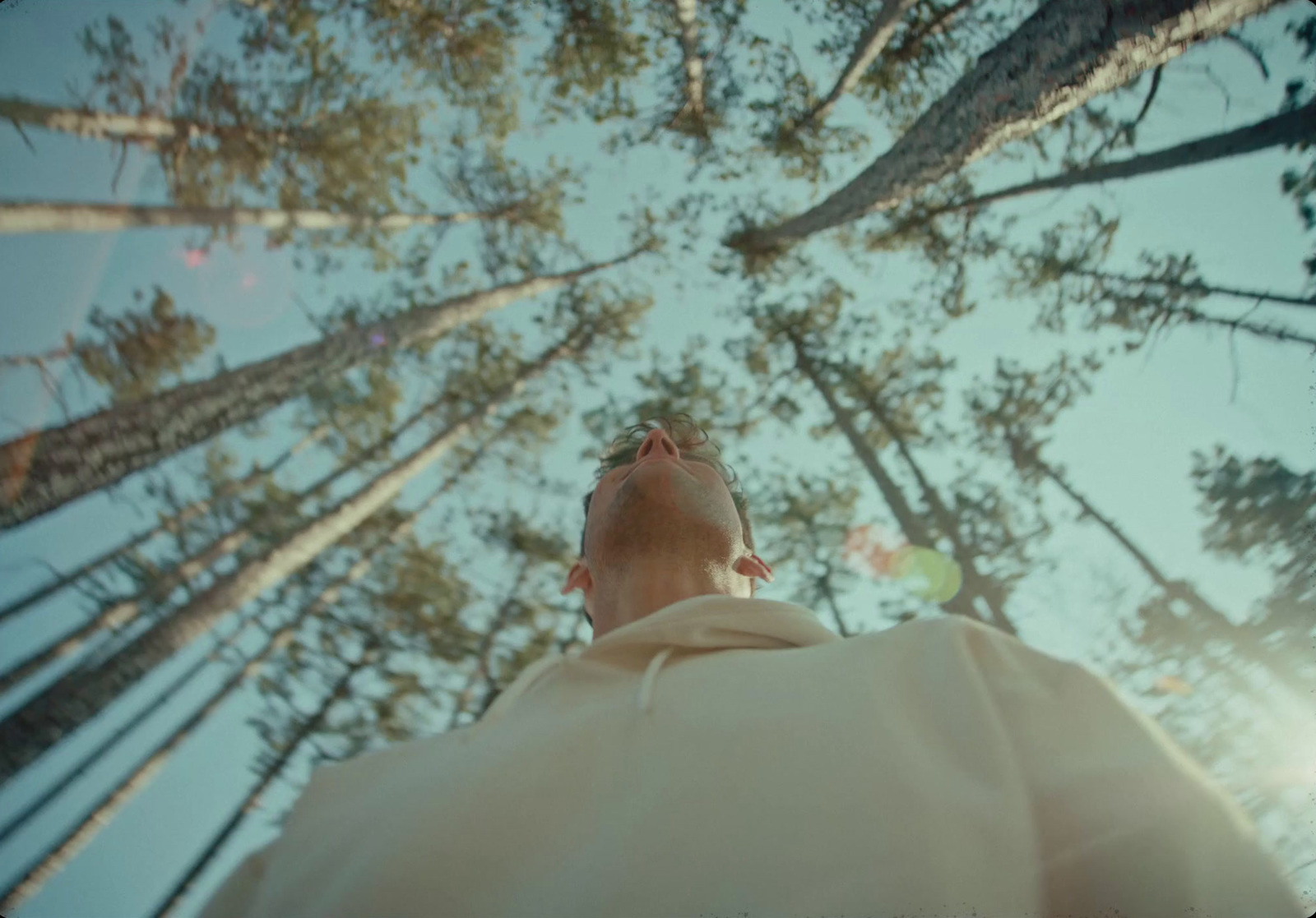 a man looking up into the sky in a forest