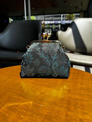 a purse sitting on top of a wooden table