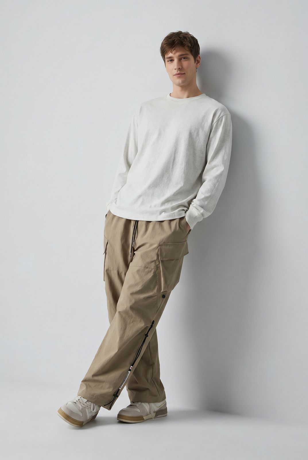 a man leaning against a wall with his hands in his pockets