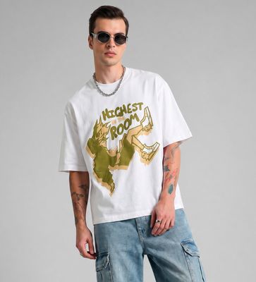 a man wearing a white t - shirt with the words highest room on it
