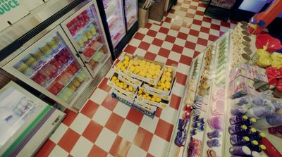 a checkered floor in a store filled with lots of food