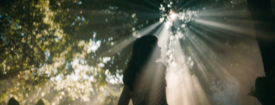 a person standing in front of a tree with a light shining through it