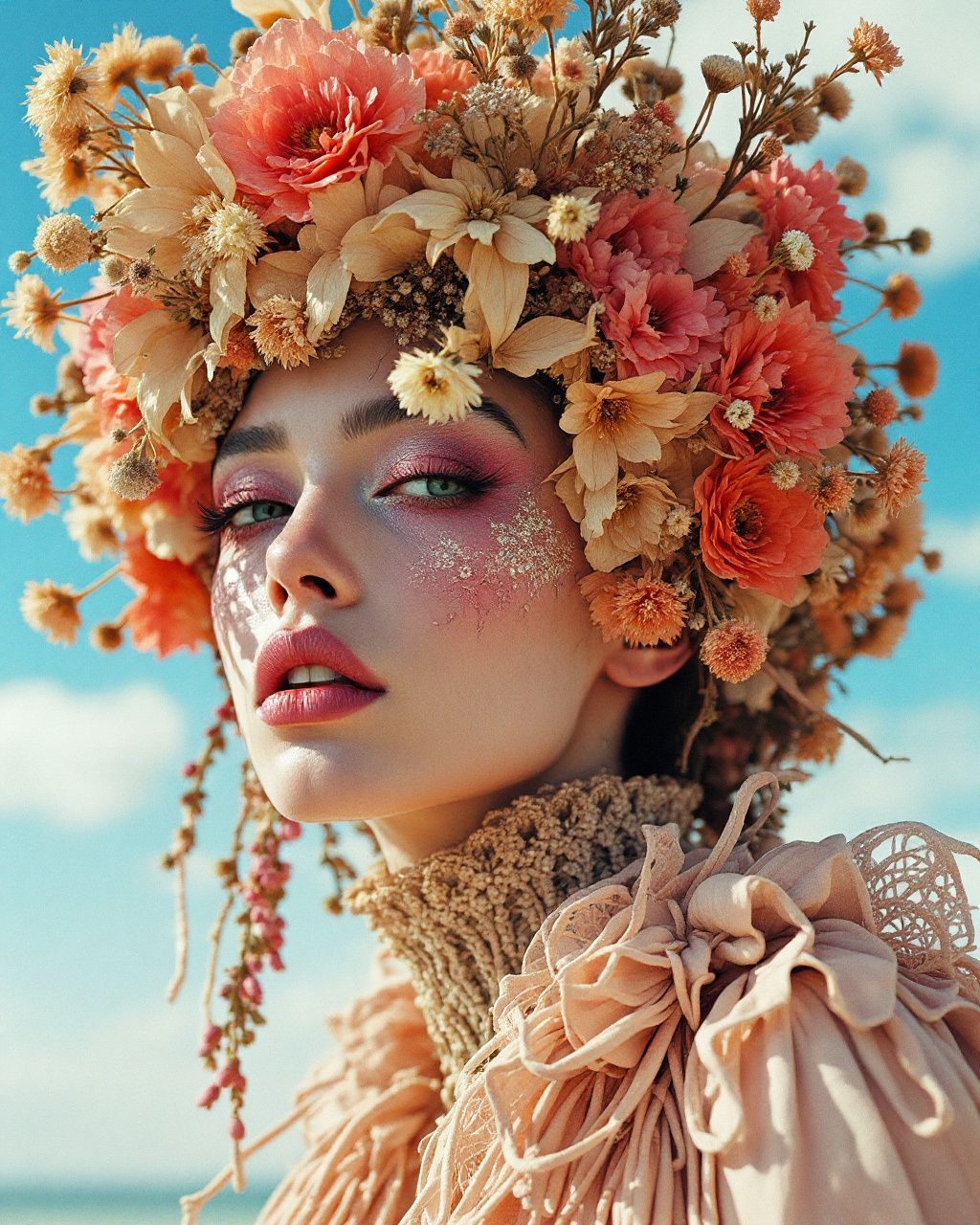 a woman with a flower crown on her head