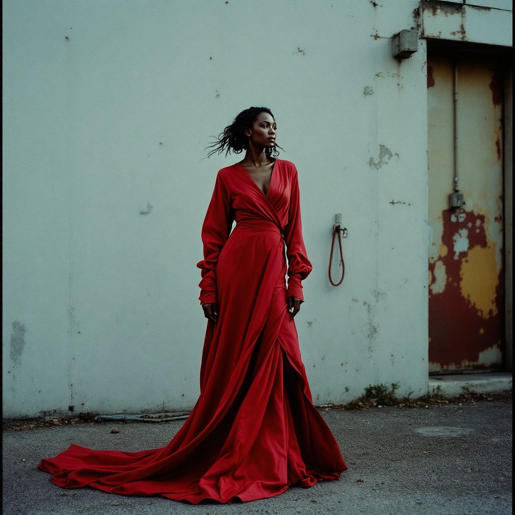 a woman in a red dress standing in front of a building