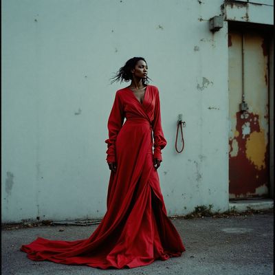 a woman in a red dress standing in front of a building