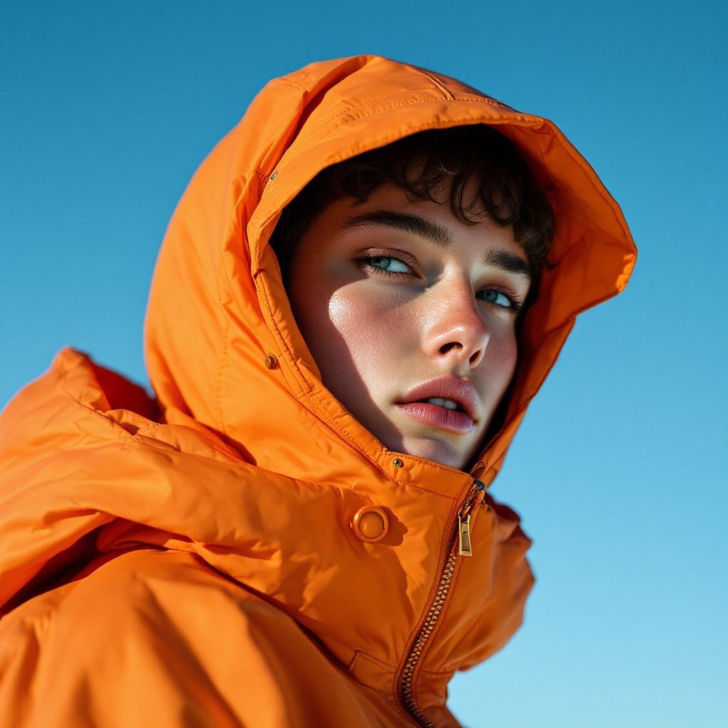 a young man in an orange jacket looking at the camera