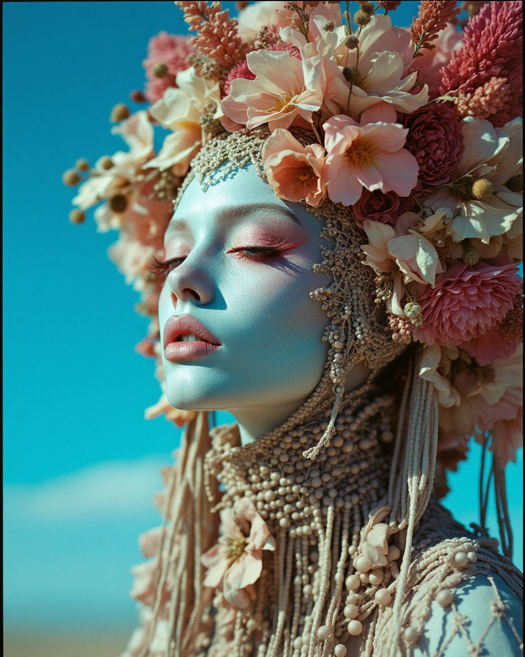 a woman with blue makeup and flowers in her hair