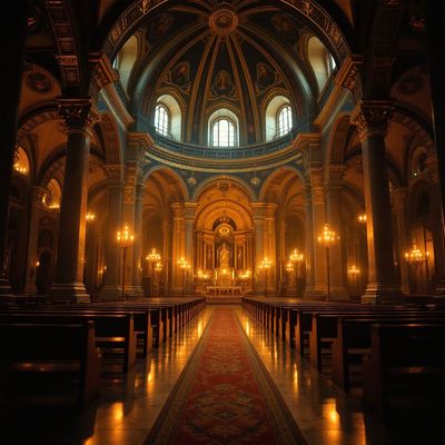 a large cathedral with a red carpet and a chandelier