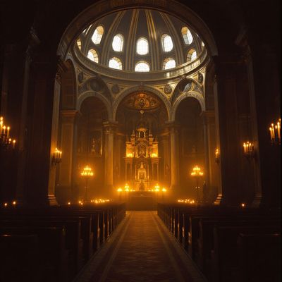 a dimly lit church with a long aisle